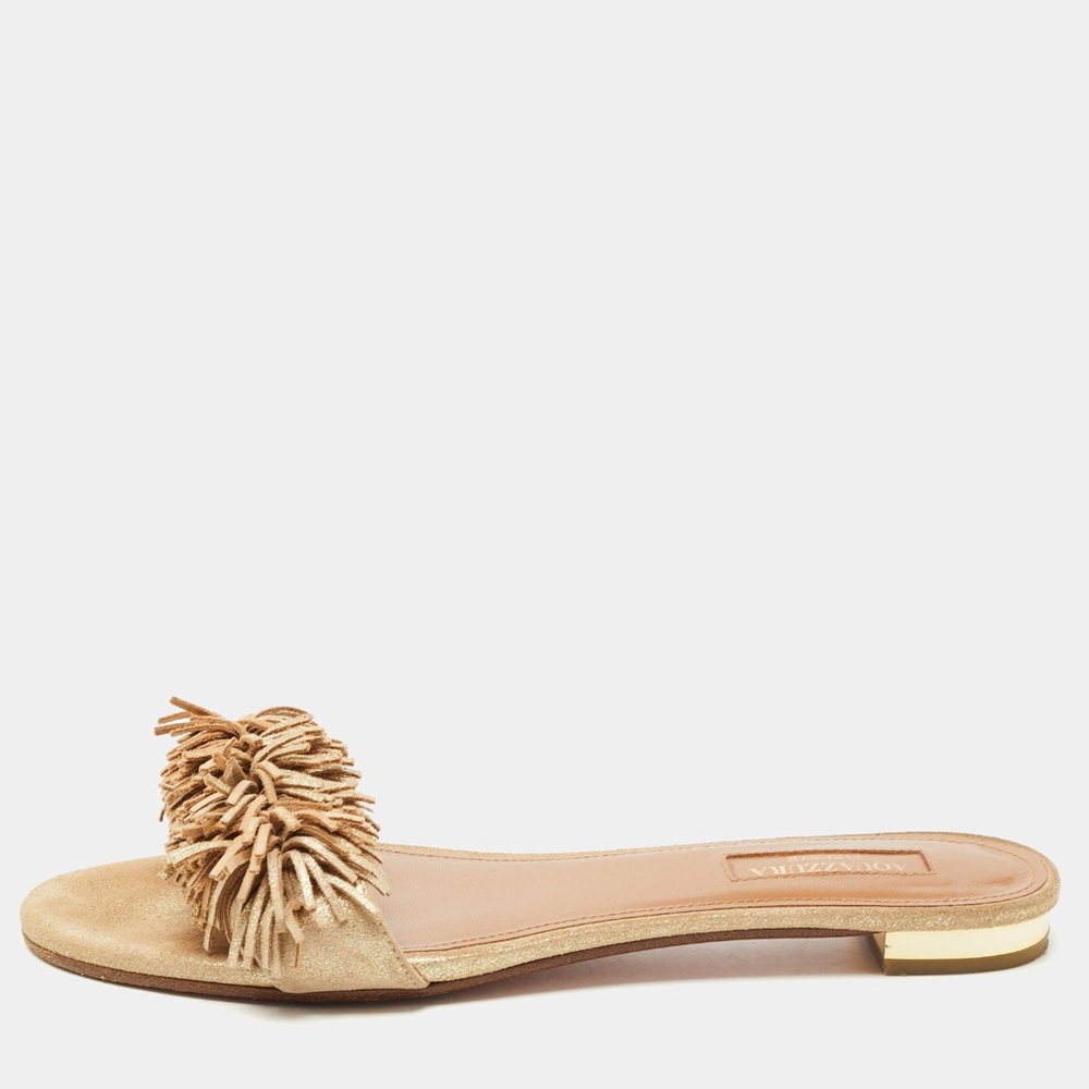 Aquazzura Firenze Gold Fringe Slide Sandals Size 37.5 Made in Italy